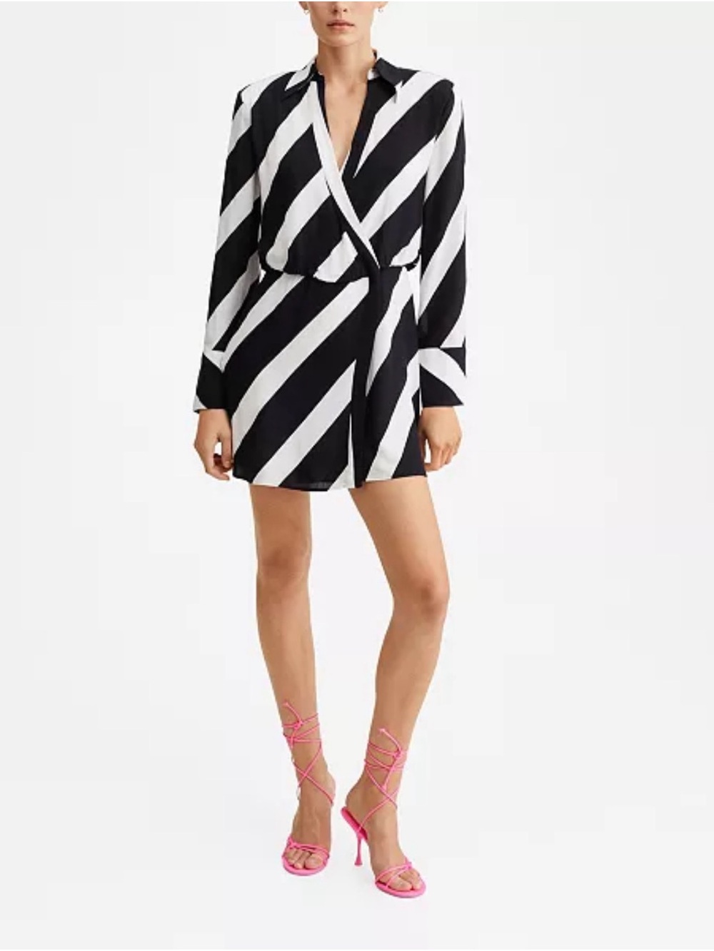 Mango Black & White Diagonal Striped Wrap Dress